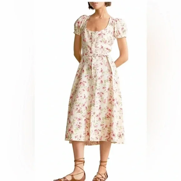 NWT POLO Ralph Lauren Linen Floral Sweet Pea Garden Party Midi Dress Size 12
